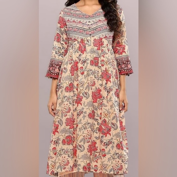 Biba Tops - BIBA Women Beige Floral Printed A-line Cotton Kurta Top Tunic Size 38